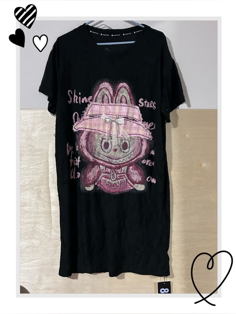 Concetery Bow Tie Labubu Print Short-Sleeve Oversized Long Dress Black OS